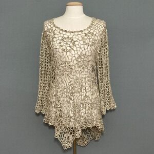 Boho Festival Women Crochet Sweater M Beige Open Asymmetrical Tunic Shabby Beach